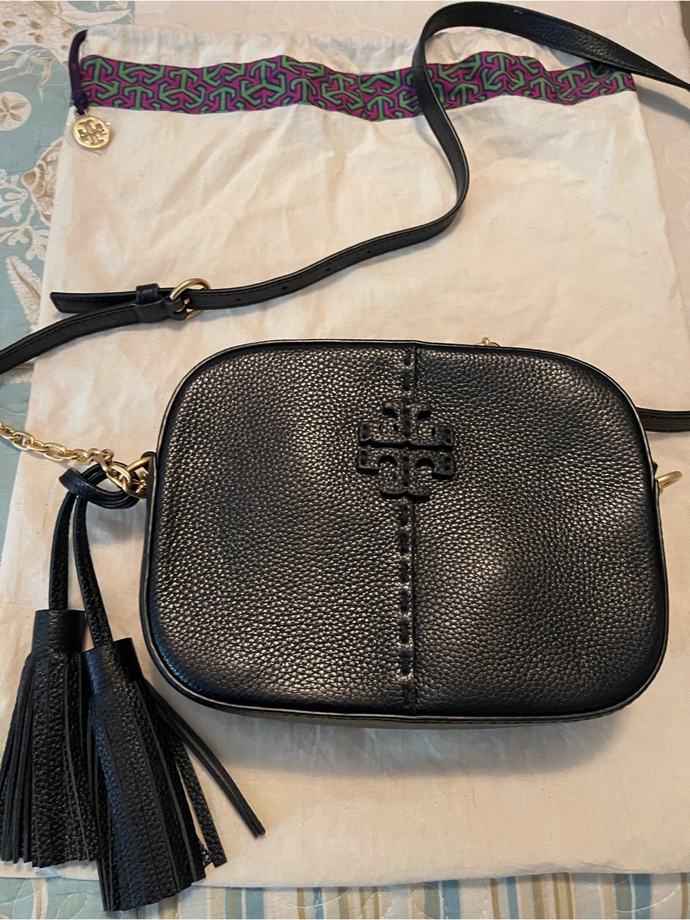 Tory Burch Black Pebbled Leather Crossbody Camera Bag with Tassel Charm